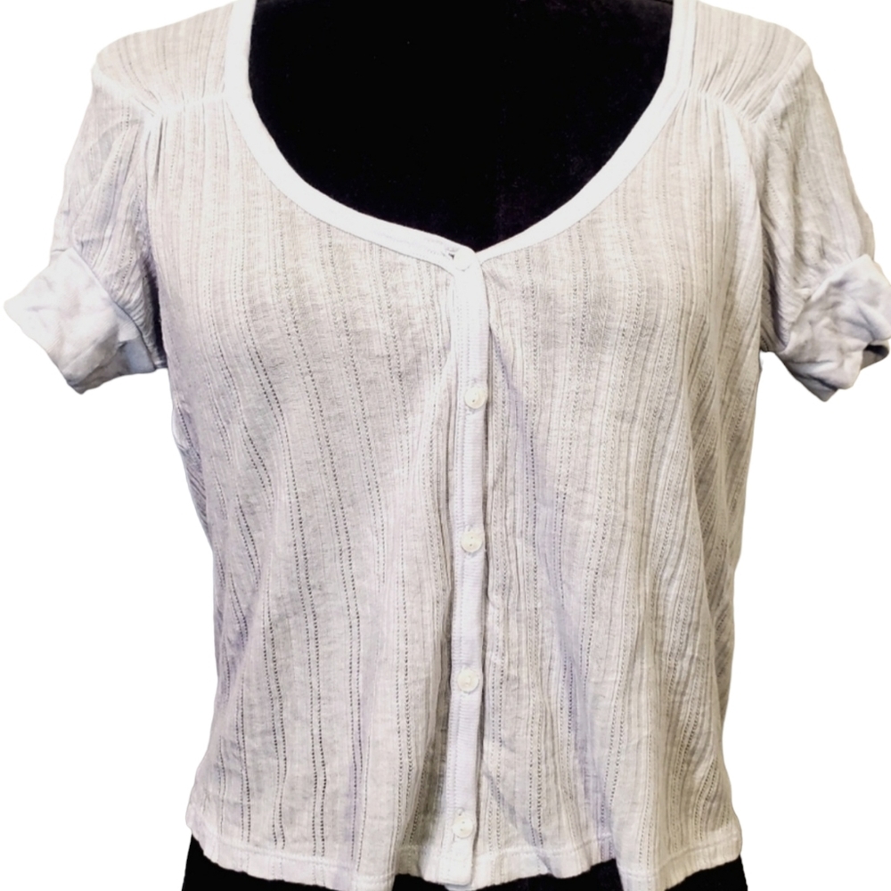 Moda Intl button down scoop neck light baby blue short sleeve knit blouse